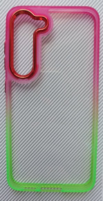 Луксозен твърд гръб  кристално прозрачен за Samsung Galaxy S23 SM-S911B розово зелен кант 